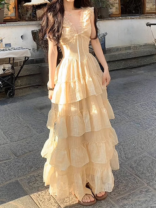 Heavy Craft V-neck Strap Dress for Women, Waist-cinching Slimming Long Dress