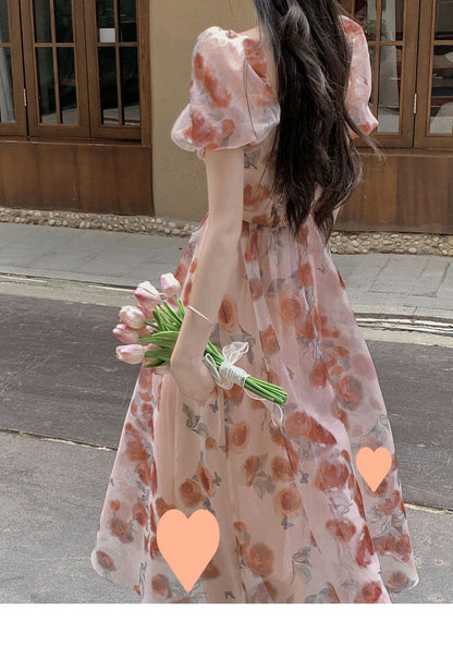 Stunning Fairy Tea Break Platycodon Square Neck High Waist Floral Dress for Women Summer French Style Elegant Chiffon Princess Long Dress