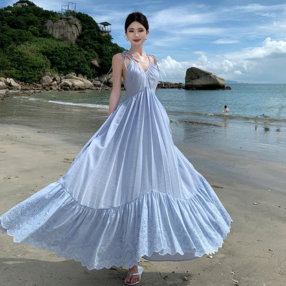 Sanya Beach Dress Light Blue Hollow Embroidery Strap Dress Summer Super Fairy Flowing Vacation Style Elegant Long Dress