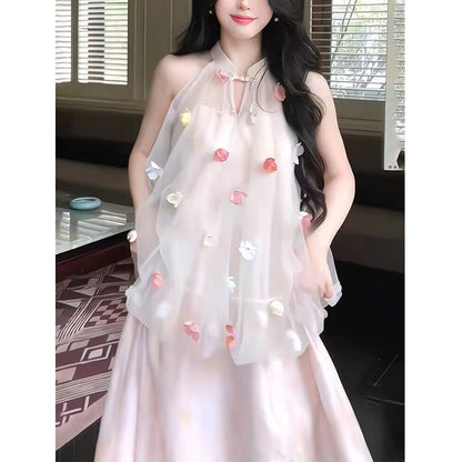 Fendai Liufang Heavy Craft Three-Dimensional Flower Halter Neck Printed Long Dress for Women Summer New Chinese Style Fake Two-Piece Off-Shoulder Dress