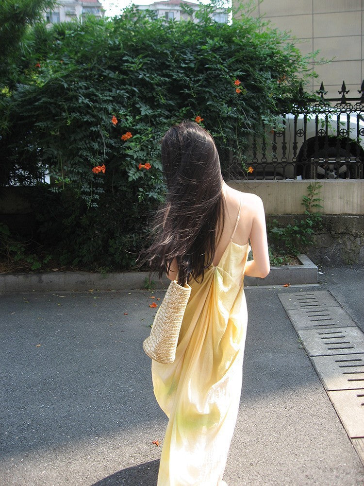 French Fairy Style Super Fairy Beach Vacation Long Dress Draped Silhouette Slip Dress Textured Print Gradient Dress