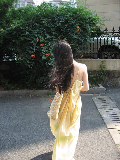 French Fairy Style Super Fairy Beach Vacation Long Dress Draped Silhouette Slip Dress Textured Print Gradient Dress