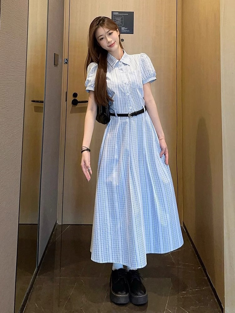 French Style Elegant Blue Color Super Beautiful Slimming Summer2025New style shirt dress