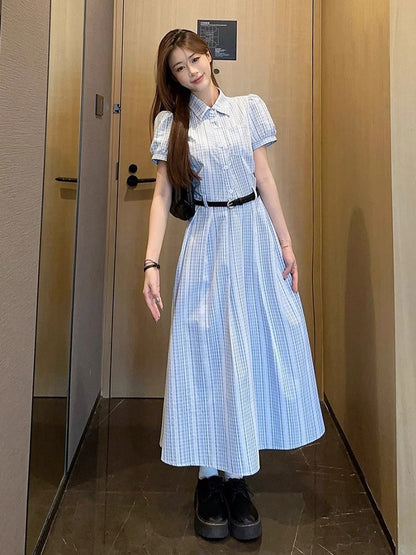 French Style Elegant Blue Color Super Beautiful Slimming Summer2025New style shirt dress