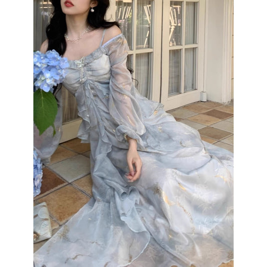 Elegant Gray Blue Gradient Fairy Butterfly Ruffle Long Sleeve Dress for Women