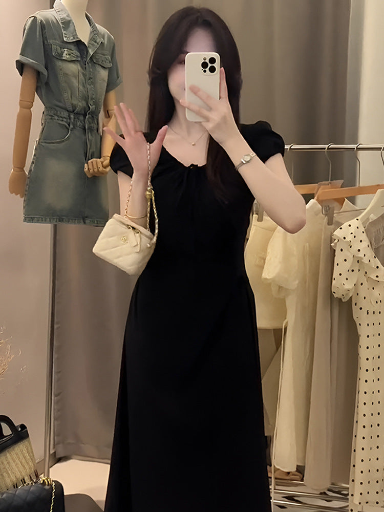 Pink puff sleeve dress women's summer sweet cinched slimming elegant tied French long dress