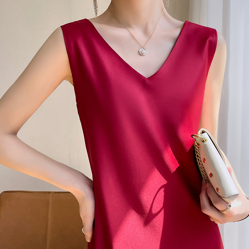 Acetate Satin High-End Summer Strap Dress for Women, Fashionable Versatile Sleeveless Elegant Dress for Outerwear
