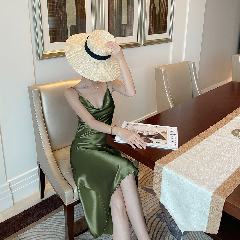 Acetate Sling Dress Female Summer New Korean Fashion Swing Collar Satin Temperament Slim Fit Skirt