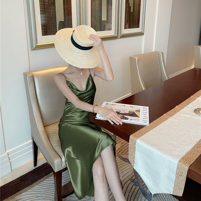 Acetate Sling Dress Female Summer New Korean Fashion Swing Collar Satin Temperament Slim Fit Skirt