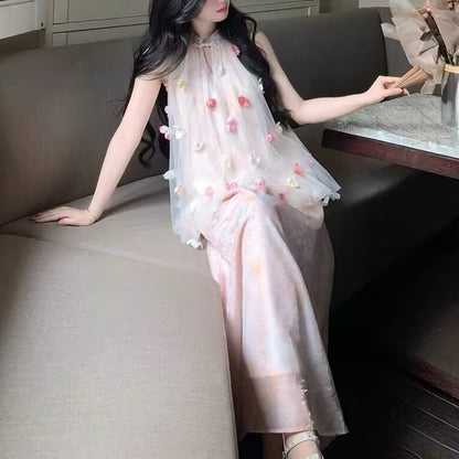 Fendai Liufang Heavy Craft Three-Dimensional Flower Halter Neck Printed Long Dress for Women Summer New Chinese Style Fake Two-Piece Off-Shoulder Dress