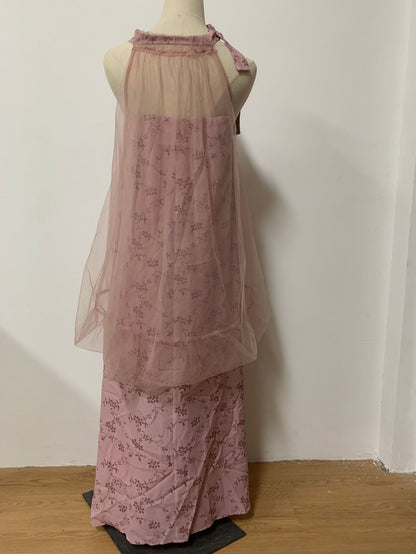 Light Raspberry Powder Jacquard Mesh Halter Fake Two Pieces Dress High Sense Morning Gowns Sleeveless Skirt