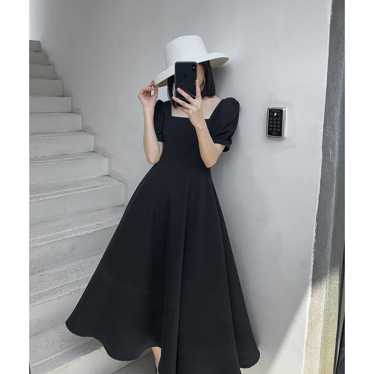 Dress Summer New Ins Tea Dress Elegant Boat-Neck Overknee Long Hepburn Style Little Black Dress
