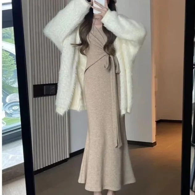 High-End Two-Piece Set Knitted Sweater Dress Autumn Winter 2025 New Women's Winter Long Dress