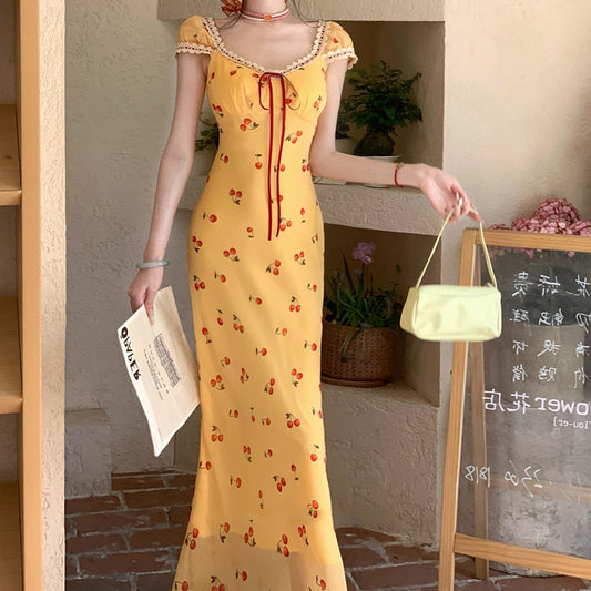 [Cherry Honey Brew] 2 Versions Summer Beach Vacation Style Lace Trim Little Cherry Floral Dress 2025