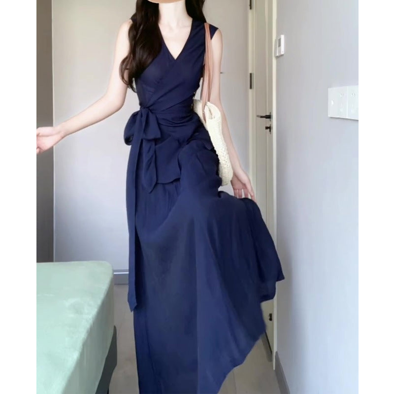 French Style Elegant Fashion Age-Reducing Sleeveless Tie Top with High-Waisted Skirt Two-Piece Set for Women