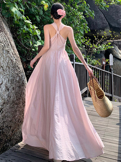 Pure Desire High-End Elegant Pink Dress for Women Summer Vacation Style Niche Design Halter Neck Vacation Slip Dress