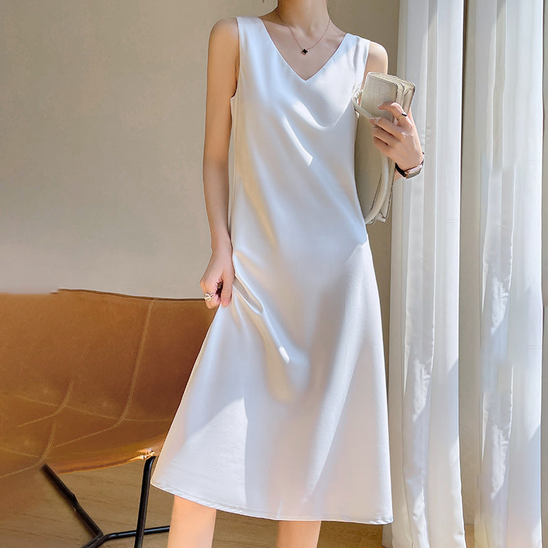 Acetate Satin High-End Summer Strap Dress for Women, Fashionable Versatile Sleeveless Elegant Dress for Outerwear