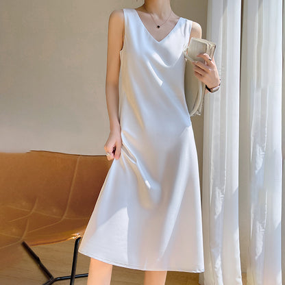 Acetate Satin High-End Summer Strap Dress for Women, Fashionable Versatile Sleeveless Elegant Dress for Outerwear