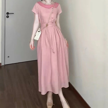 French Style Gentle Pink Striped Dress for Women Summer New Bow Tie Waist Mid-Length Dress Short Sleeve Trendy