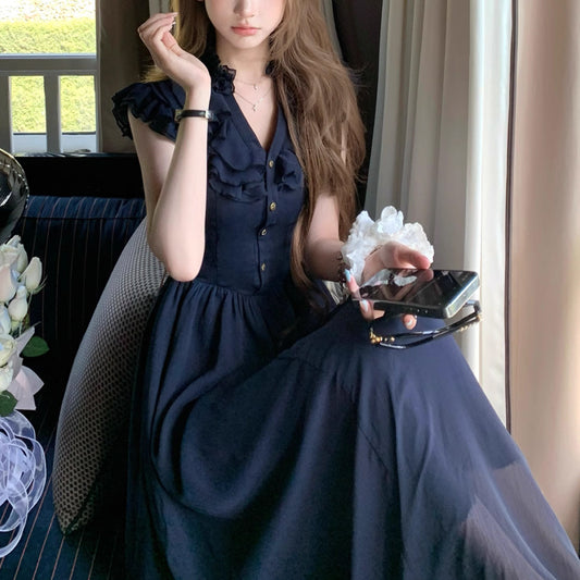 Ruffled Hem Navy Blue Dress