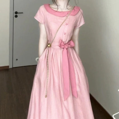 French Style Gentle Pink Striped Dress for Women Summer New Bow Tie Waist Mid-Length Dress Short Sleeve Trendy