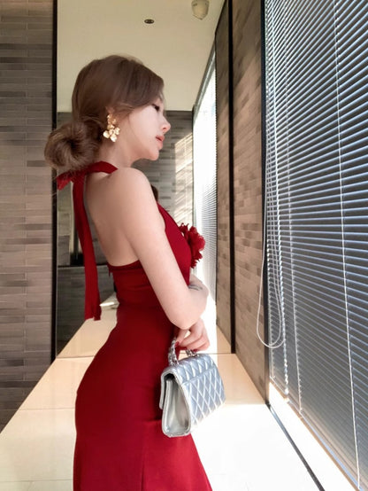 Red Three-Dimensional Flower Halter Neck Dress for Women, Summer Slim Fit Long Dress, Pure Desire Waist-Cinching Slit Bodycon Dress