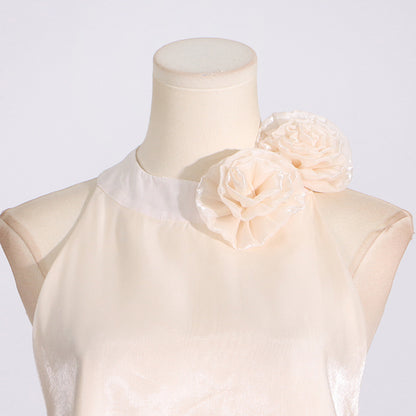 Fashion Sweet Style Floral Halter Neck Design Sleeveless Irregular Satin Dress for Women