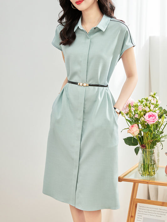 Polo Collar Contrast Color Braid Shoulder Sleeve Single Row Hidden Hook Waist Slimming Dress