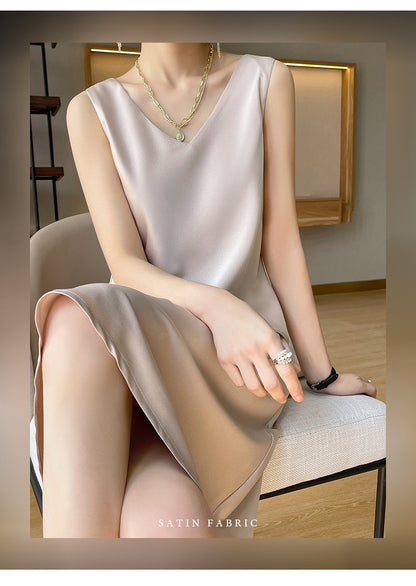 Acetate Satin High-End Summer Strap Dress for Women, Fashionable Versatile Sleeveless Elegant Dress for Outerwear