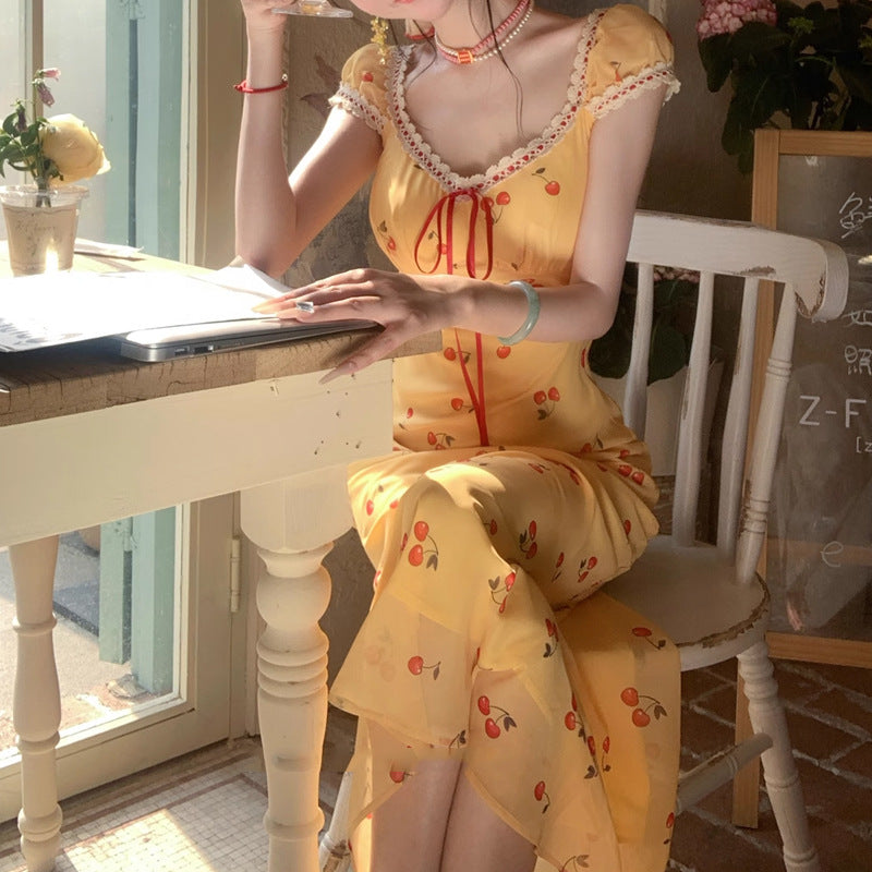 [Cherry Honey Brew] 2 Versions Summer Beach Vacation Style Lace Trim Little Cherry Floral Dress 2025