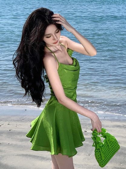 Unique and Beautiful Halter Neck Chic Strap Dress for Women, Summer Petite Slimming Ruched Vacation Beach Dress