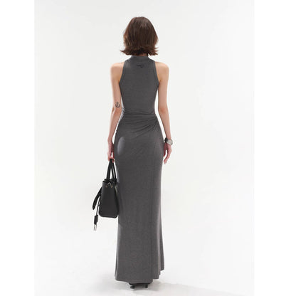 Elegant High-End Gray Modal Vest Dress Slim Fit Fake Two-Piece Bodycon Hot Girl Long Dress
