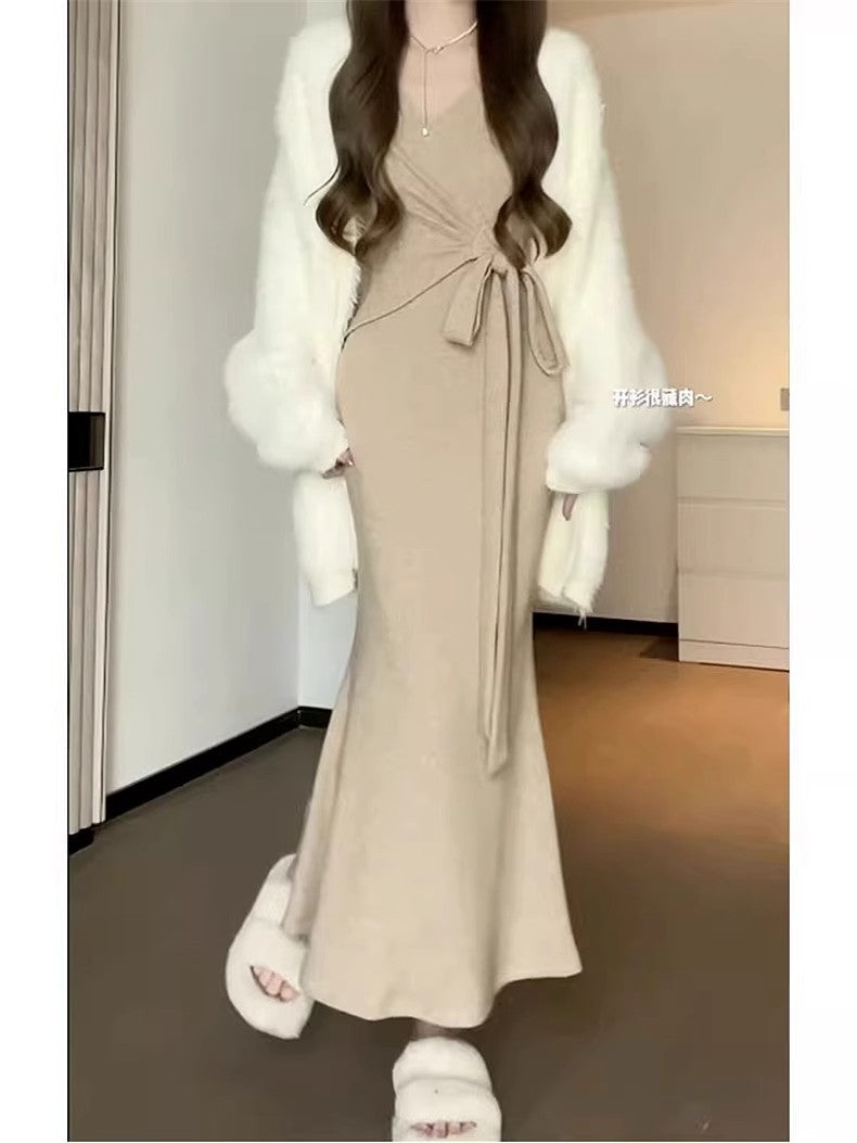 High-End Two-Piece Set Knitted Sweater Dress Autumn Winter 2025 New Women's Winter Long Dress