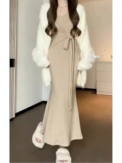 High-End Two-Piece Set Knitted Sweater Dress Autumn Winter 2025 New Women's Winter Long Dress