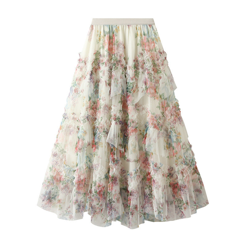 Stitching Color Flower Mesh Skirt Spring French Style Temperament Cake Dress