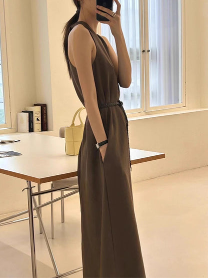 South Korea chic Summer Retro High Sense V Collar Waist-Tight Thin over the Knee Long Halter Vest Dress Women