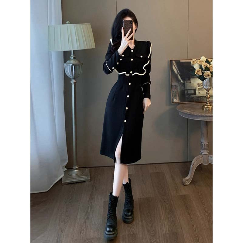 Autumn Slimming Elegant Niche Design High-end Fashionable Youthful Dress Long Sleeve Draped Dress for Women
