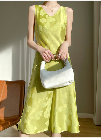Women's Acetate Satin Mid-Length Dress Spring and Summer New Leaf Printing Niche Minimalist Style Sleeveless Skirt