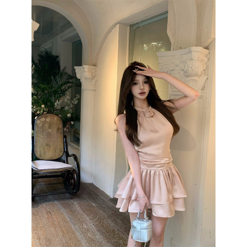Champagne Rose French Satin Halter Slip Dress Summer Puffy Cake Dress