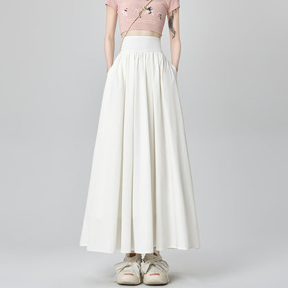Women's Summer High Waist Maxi Skirt Korean Fashion Pockets Casual Sweet Long A-line Skirts Plain White Black Pink