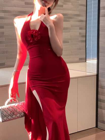Red Three-Dimensional Flower Halter Neck Dress for Women, Summer Slim Fit Long Dress, Pure Desire Waist-Cinching Slit Bodycon Dress