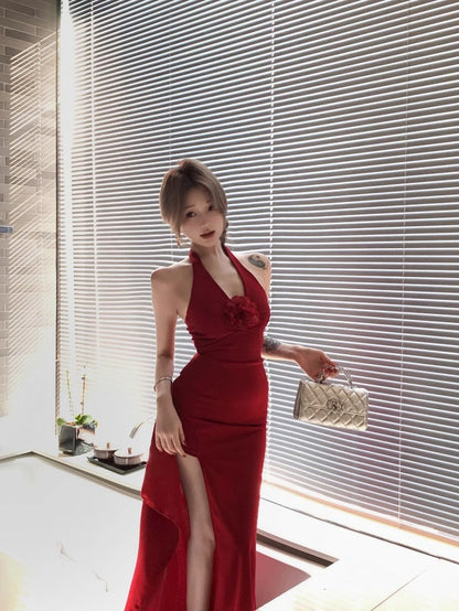 Red Three-Dimensional Flower Halter Neck Dress for Women, Summer Slim Fit Long Dress, Pure Desire Waist-Cinching Slit Bodycon Dress