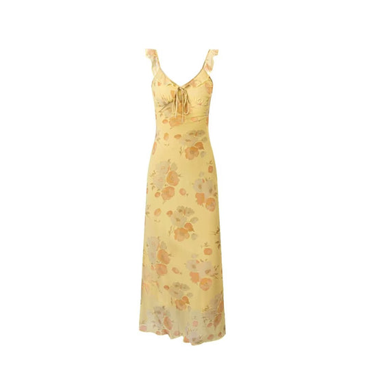French Retro Style Summer Vacation V-neck Ruffle Collar Tie Rope Printed Chiffon Long Dress Waist Slim Fit