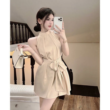 High-End Sleeveless Dress for Women, Summer Off-Shoulder Sexy Socialite Style, Waist-Cinching Tie Short Dress