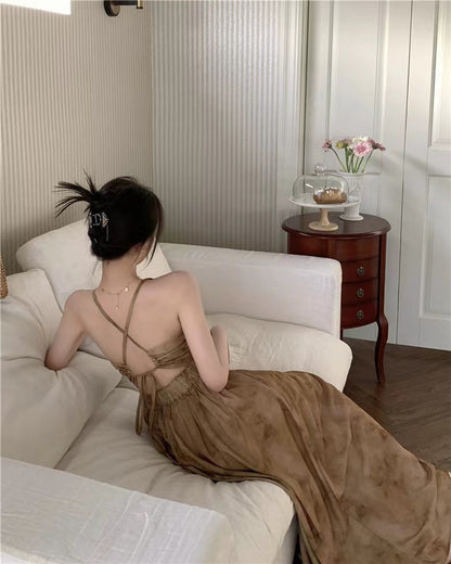 Sweet and Spicy Girl Floral Strap Dress Fairy Summer Dress Beach Vacation Backless Sexy Elegant Waist-Cinching Long Dress