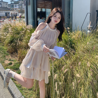 Apricot Super Fairy Halter Off-the-Shoulder Dress Women's Long Sleeve Spring New French Vacation Style Princess Dress Pettiskirt