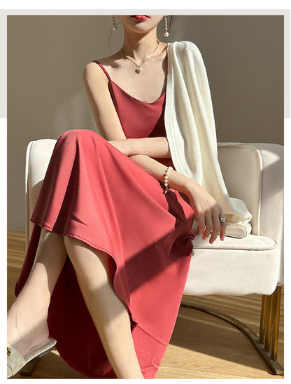 Summer New Mid-Length Sleeveless Off-Shoulder Light Luxury Mulberry Silk Acetate Satin Imitation Silk Strap Dress for Women