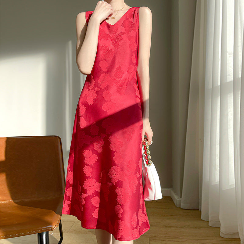 Women's Acetate Satin Mid-Length Dress Spring and Summer New Leaf Printing Niche Minimalist Style Sleeveless Skirt