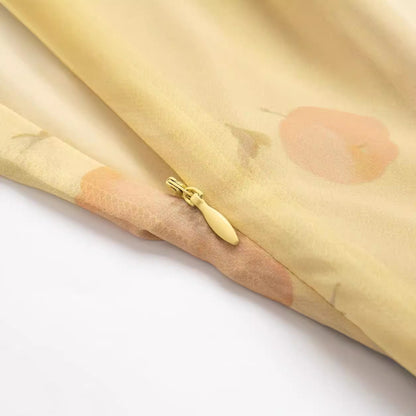 French Retro Style Summer Vacation V-neck Ruffle Collar Tie Rope Printed Chiffon Long Dress Waist Slim Fit
