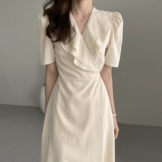 French Retro Double-Layer Collar Buckle Waist Slimming Mid-Length One-Piece Puff Sleeve Dress Women